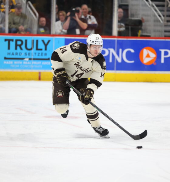 Connor McMichael skates with the puck as a member of the Hershey Bears. (Kyle Mace/Hershey Bears)