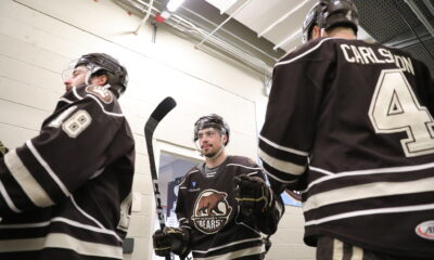 Three Hershey Bears await the start of Game 1 of the 2023 Calder Cup Eastern Conference Finals. (Tori Hartman/Hershey Bears)