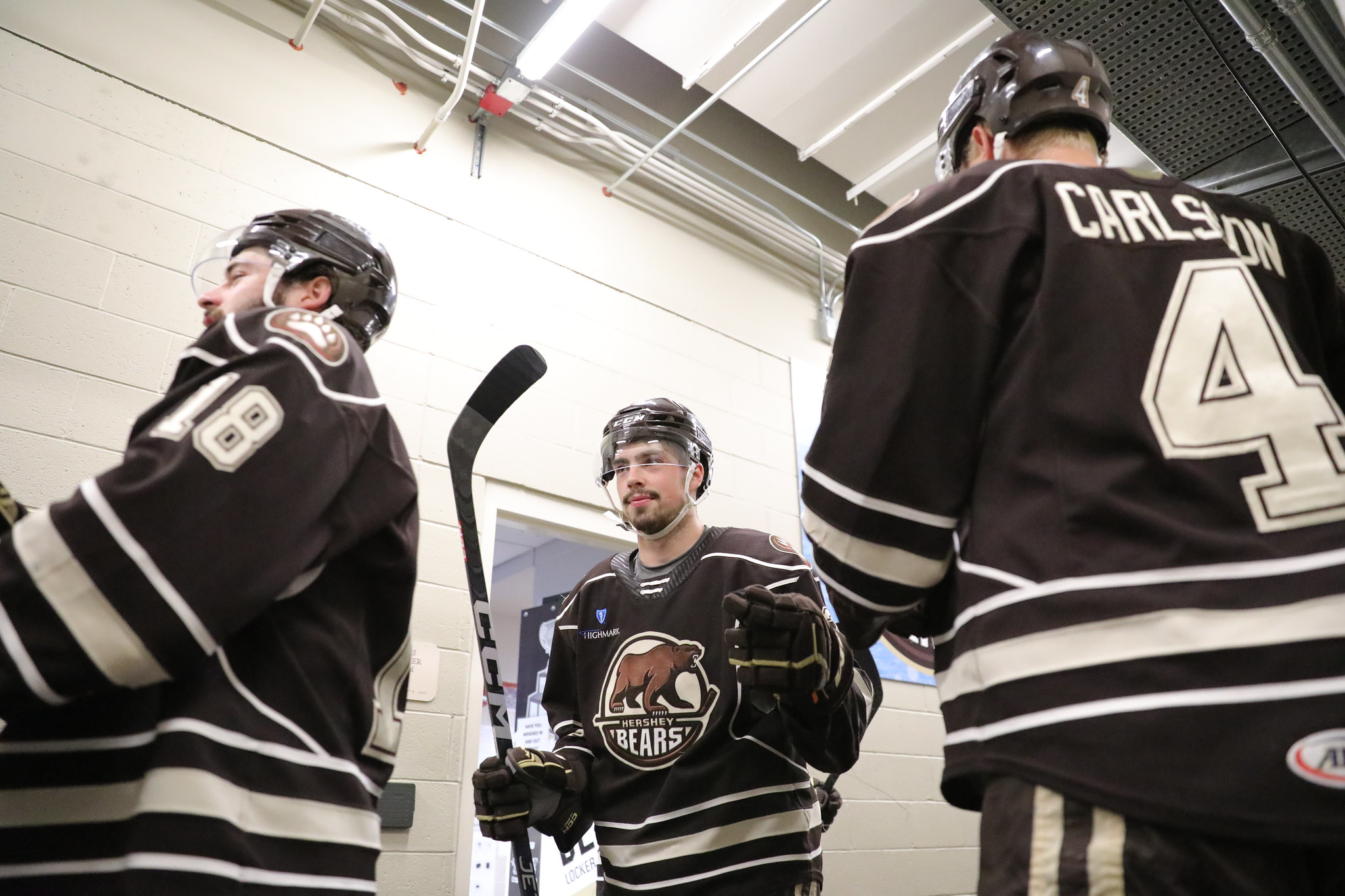 Three Hershey Bears await the start of Game 1 of the 2023 Calder Cup Eastern Conference Finals. (Tori Hartman/Hershey Bears)