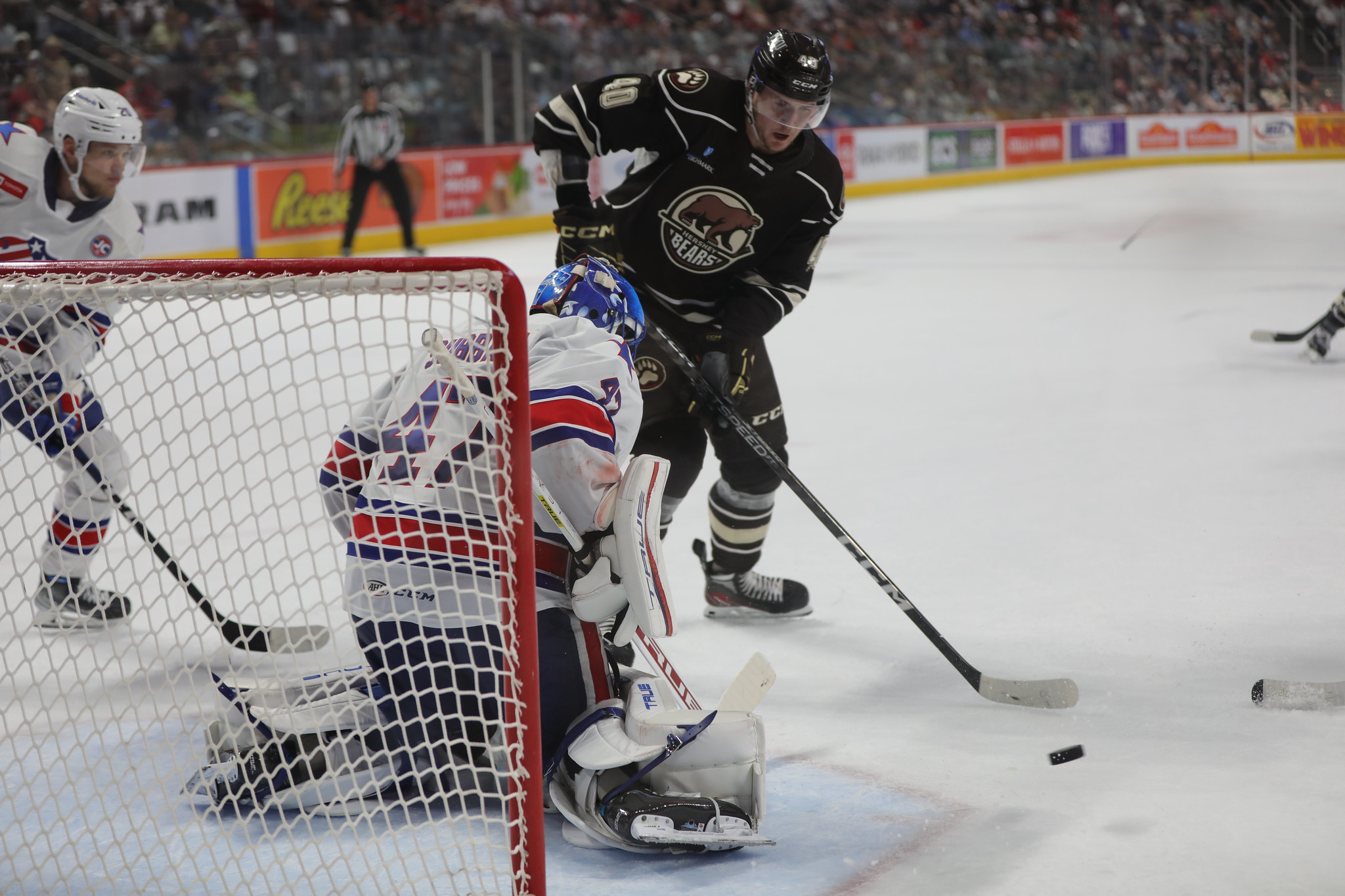 Rochester Americans goalie Malcolm Subban makes a stop against the Hershey Bears in Game 1 of the Eastern Conference Finals. (Tori Hartman/Hershey Bears)