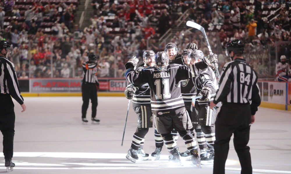 Mason Morelli and the Hershey Bears celebrate a goal in Game 2 of the 2023 Calder Cup Playoffs Eastern Conference Finals. (Tori Hartman/Hershey Bears)