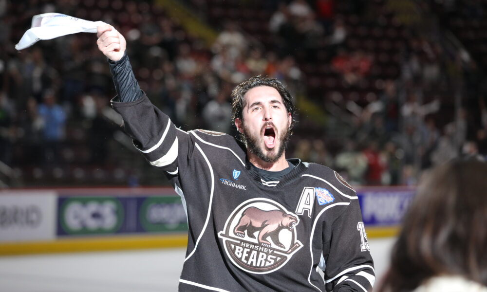 Hershey Bears center Mike Vecchione celebrates the team's win in Game 4 of the Calder Cup Finals. (Tori Hartman/Hershey Bears)